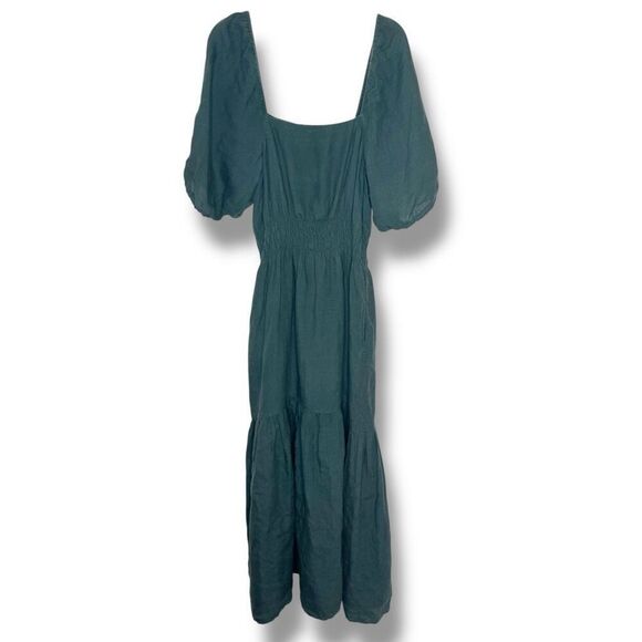 Ann Mashburn Dark Green Square Neck Puff Sleeve Linen Maxi Dress Women’s Size M - Picture 3 of 14